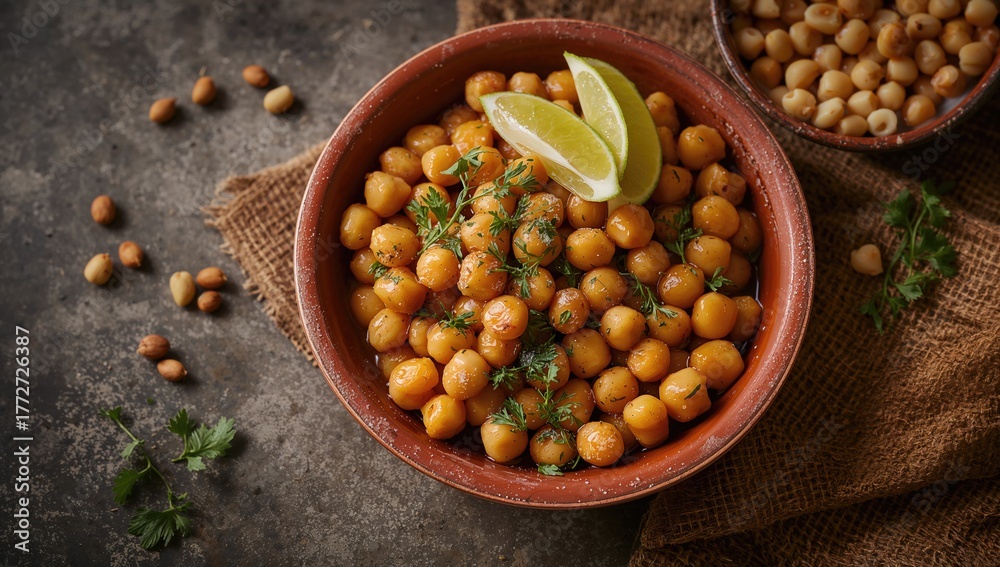 Fototapeta premium Boiled chickpeas drizzled with olive oil, garnished with herbs and lime in a clay dish, protein-rich meal