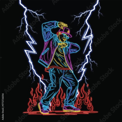 Neon glowing hip hop dancer with lightning and flames.