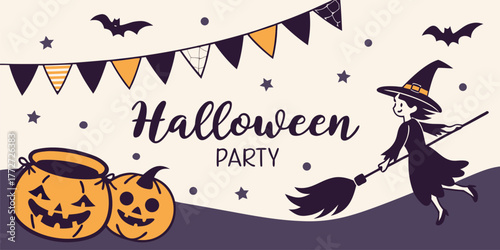 Halloween party background with flying witch pumpkins bats and festive bunting in flat cartoon style .