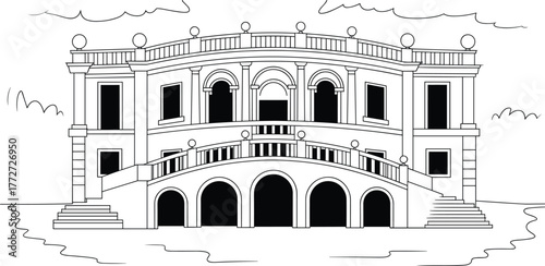 Black and white line drawing of a classical architectural building with arches, columns, and stairs, elegant historic landmark illustration