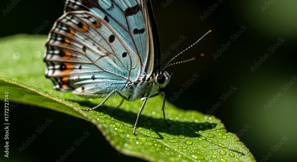 Obraz premium Close-up of a beautiful blue butterfly perched on a lush green leaf