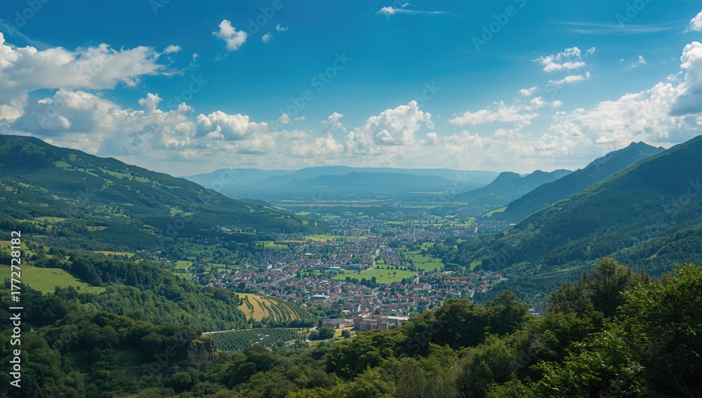 Fototapeta premium Aerial view of a town surrounded by verdant mountains, showcasing seasonal change