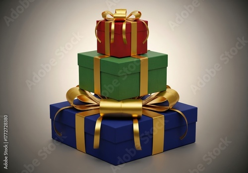Stack of three elegant gift boxes wrapped with shiny gold ribbons, arranged in a pyramid shape on a neutral background, symbolizing celebration, luxury, and festive holiday concept