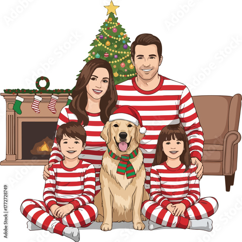 A family of four and their dog sit in matching red and white striped pajamas in front of a Christmas tree and fireplace.
