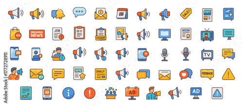 Marketing and Advertising Icons – Digital Promotion, Communication and Media Illustration