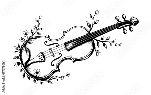 Vecter illustration  detailed line art of a violin surrounded by floral elements and leaves in black and white style silhouette