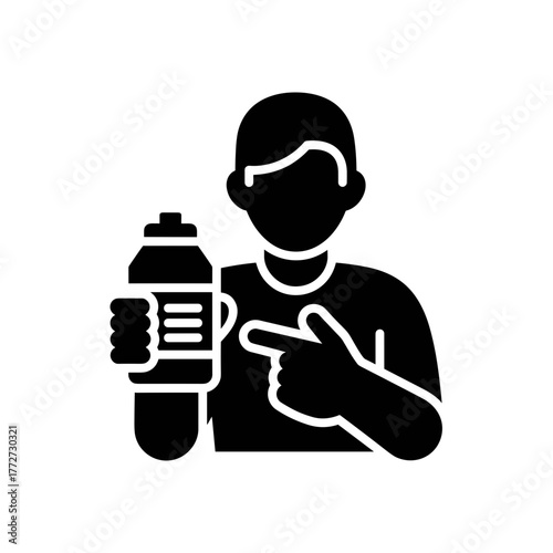 Person pointing at water bottle, promoting hydration and fitness awareness