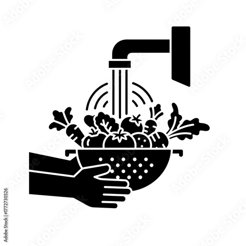 Washing fresh vegetables in colander under kitchen faucet, food hygiene and safety
