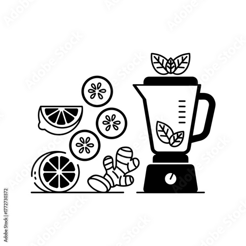 Blender with citrus fruits, cucumber, and ginger, illustrating healthy beverage preparation