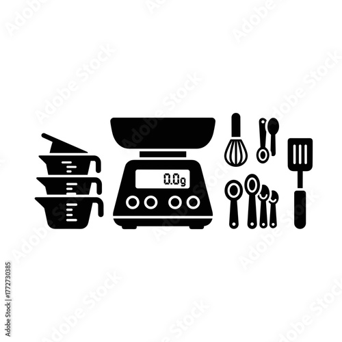 Kitchen scale with measuring cups and cooking utensils silhouette, culinary preparation tools