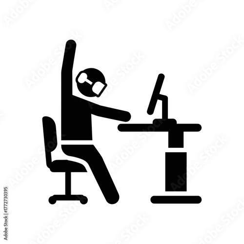 Person at desk stretching with headphones on sitting at computer, office ergonomics and work break illustration