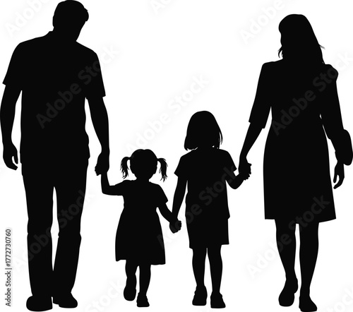 Black and white silhouette illustration of family walking together holding hands, parents with children, happy family unity concept