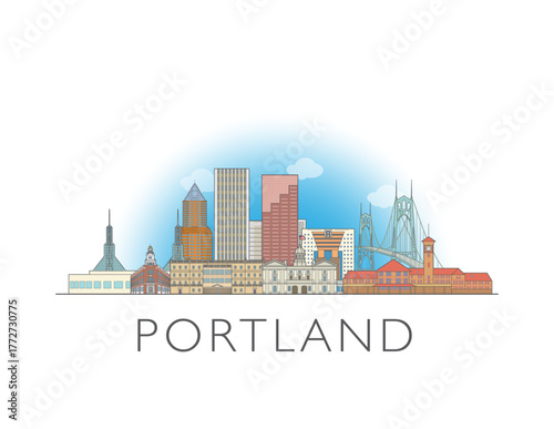 Portland, Oregon, cityscape illustration skyline drawing in colour