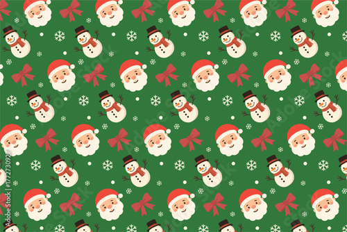 Cute Christmas seamless pattern with Santa Claus face, snowman, and red bow. Festive winter holiday vector background for wrapping paper, fabric print, and decoration