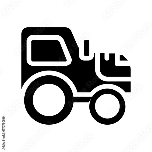 Bold black and white icon of a tractor, representing farm machinery, crop cultivation, and agricultural equipment.