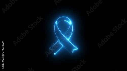 Neon breast cancer awareness ribbon icon animation on black background, glowing blue loop symbol of hope, medical health support, charity campaign and prevention concept
