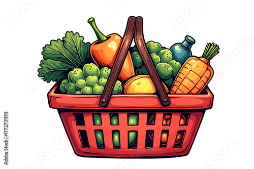 A shopping cart full of fresh vegetables and fruits, with a bright and colorful design on a transparent background