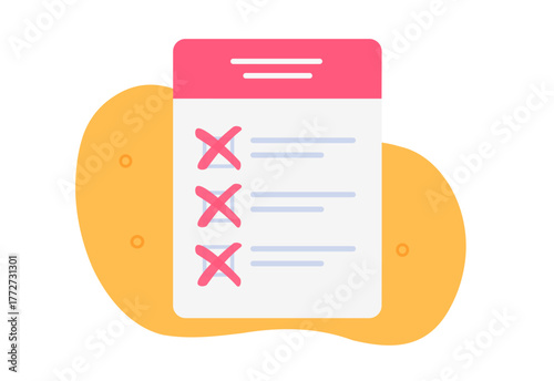 Test exam checklist failed icon vector, flat cartoon not passed wrong answers results check list, mistake survey report graphic illustration, error quality questionnaire document with red crosses
