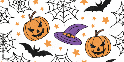 Halloween seamless pattern with pumpkins witch hats bats and spider webs in flat cartoon style .