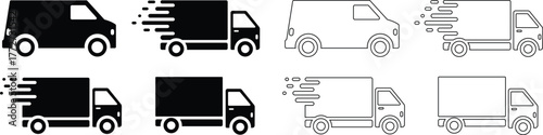 Flat delivery vehicle vector icons showing van and box truck in solid and outline styles with motion variations