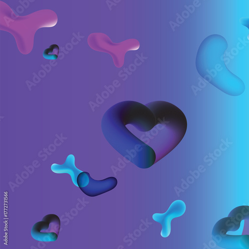 Futuristic 3D liquid or fluid bubble love shape background design template in neon blue and purple gradient.