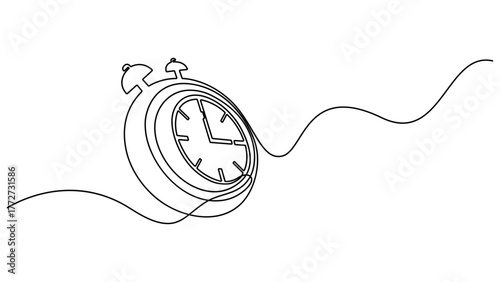 Continuous one line drawing of vintage alarm clock vector design, Clock drawn symbol. One line art continuous icon, Hand drawn vector illustration. One thin line continuous drawing.