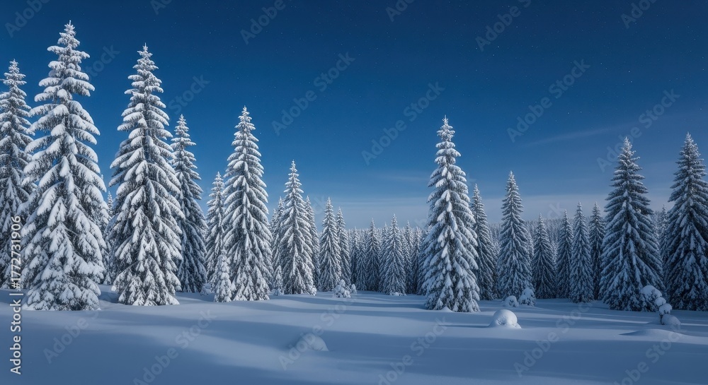 Naklejka premium Snow covered fir trees in winter landscape under a starry night sky create a magical scene