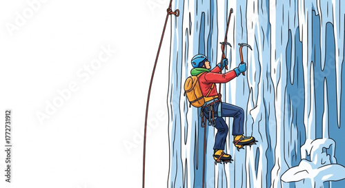 Extreme winter adventure – ice climber ascending frozen cliff illustration