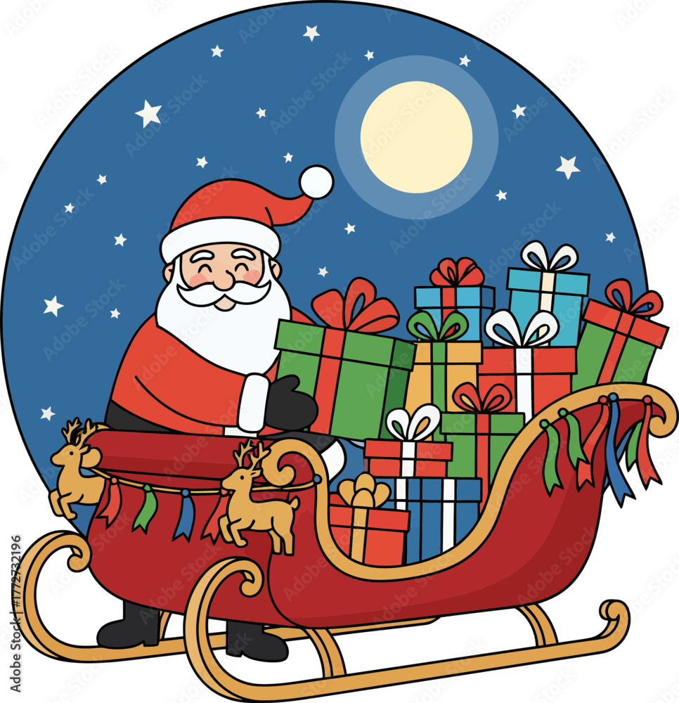 Naklejka premium Festive Santa Claus Riding a Sleigh Full of Colorful Presents Under a Bright Moon and Starry Night