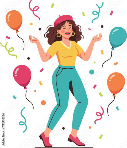 Vibrant celebration scene featuring a joyful woman surrounded by colorful balloons and confetti