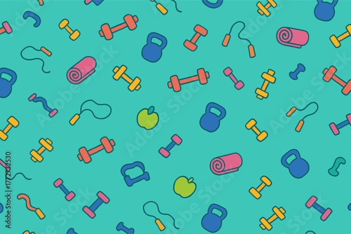 Seamless pattern of fitness equipment and healthy food on a vibrant teal background for active lifestyle
