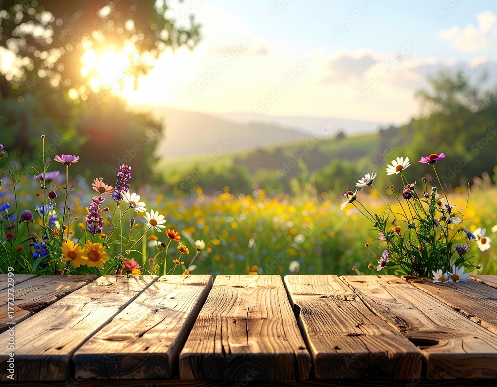 Naklejka premium Wooden Tabletop with Spring Flowers and Sunny Landscape Backdrop