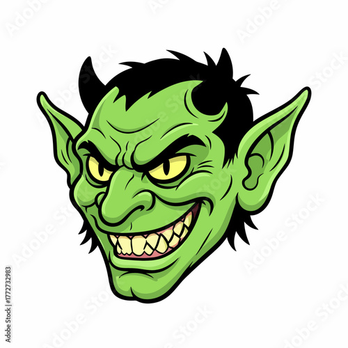 Illustration of a green goblin head with yellow eyes and black hair grinning menacingly at the viewer