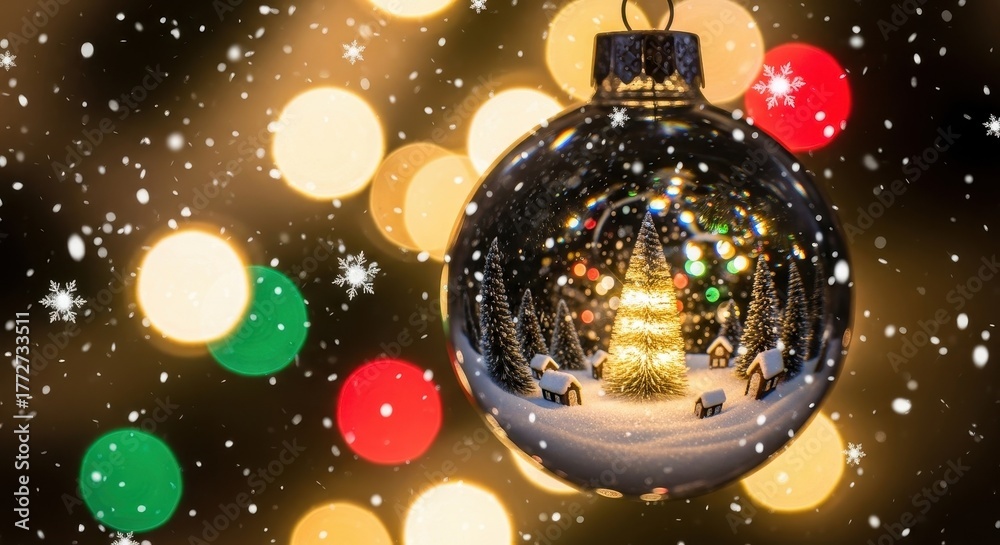 Obraz premium A festive christmas ornament reflecting a snowy scene with a christmas tree and colorful bokeh lights