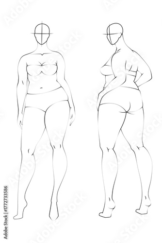 Plus Size 10 Heads Fashion Figure Templates. Exaggerated Croquis for Fashion Design and Illustration. Vector Illustration