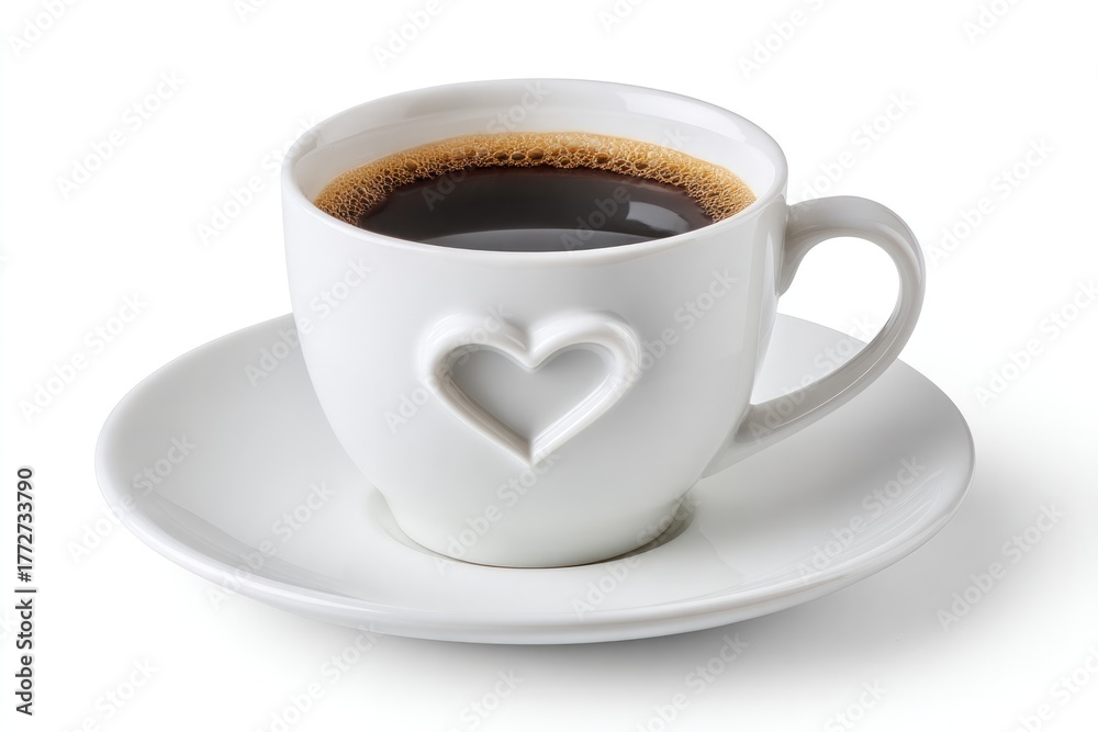 Fototapeta premium Elegant white coffee cup with heart design on saucer for valentines decoration concept with space for customization on white background