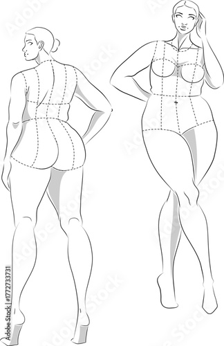 Plus Size 10 Heads Fashion Figure Templates. Exaggerated Croquis for Fashion Design and Illustration. Vector Illustration