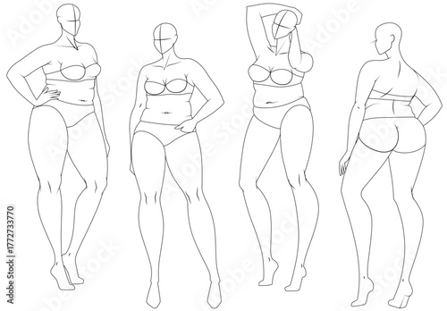 Plus Size 10 Heads Fashion Figure Templates. Exaggerated Croquis for Fashion Design and Illustration. Vector Illustration