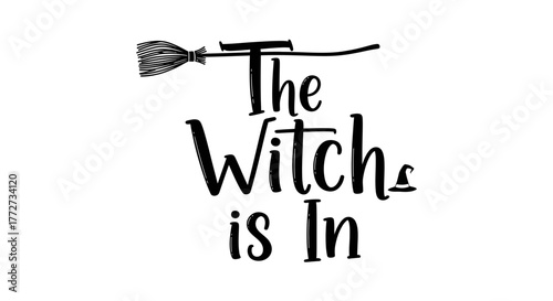 The witch is in text with a broom and a witch hat graphic in black and white for halloween decor