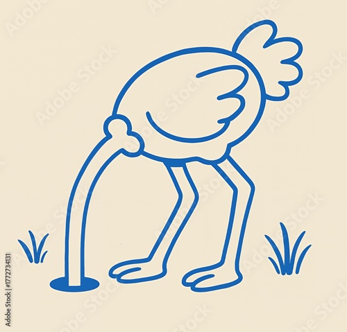 An emu with its head buried in the ground in a hole