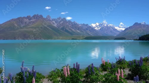 Scenic Lake View with Mountains and Flowers on Sunny Day