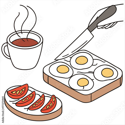 Breakfast Ritual: An Illustration Featuring A Knife Spreading On Bread, Representing Morning Meals, Snacks, Food Preparation, Or The Action Of Applying A Topping To A Slice Of Bread