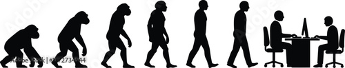 Evolution of human from ape to modern office worker sitting at desk, concept of technology, progress, business and lifestyle change