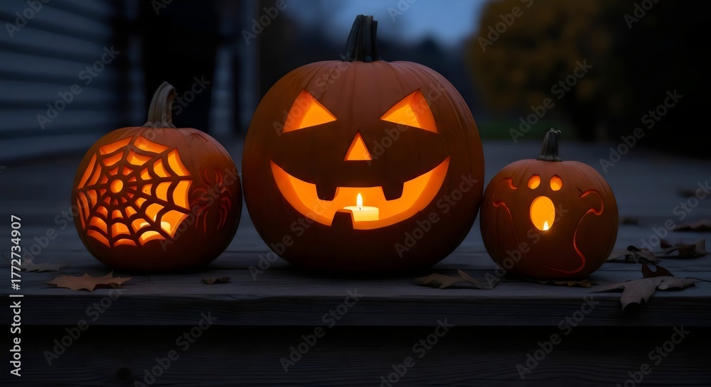 Obraz premium Three intricately carved Halloween pumpkins glow with inner light on a wooden porch, creating a festive and spooky atmosphere for autumn celebrations.
