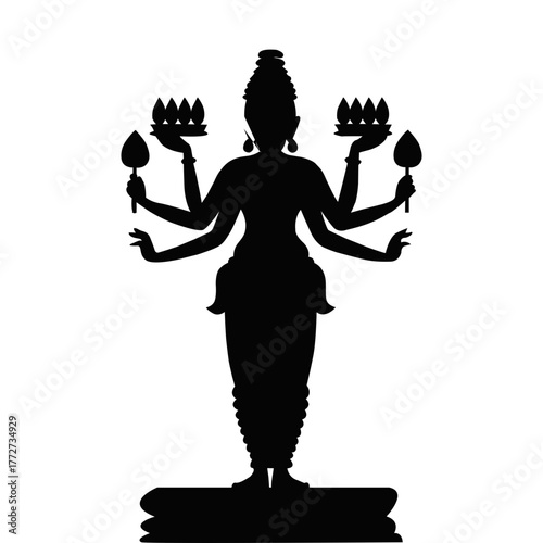 Goddess Silhouette with Lotus Flowers. Hindu Divine Figure Vector Illustration