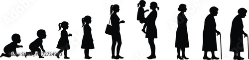 Silhouette illustration showing stages of woman’s life from baby to elderly, concept of aging, growth, time, and human evolution
