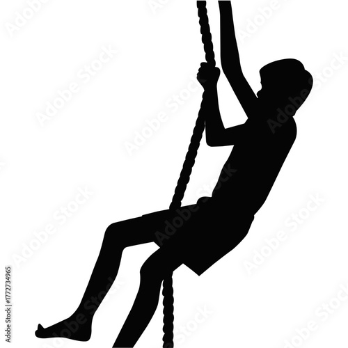 Boy Climbing Rope Silhouette. Outdoor Adventure Concept. Fitness and Strength Training Illustration Design