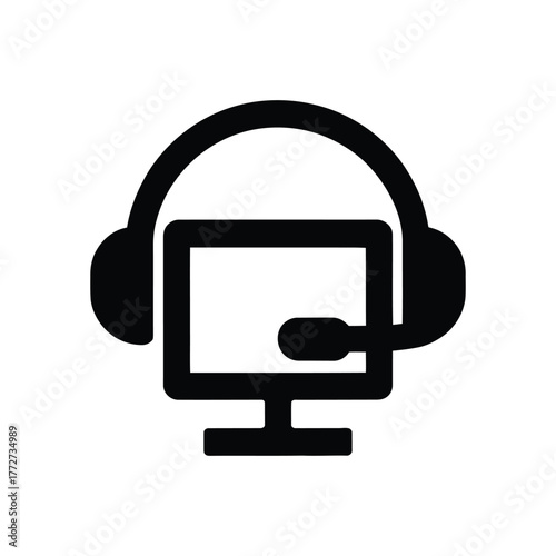 Black and white icon of a computer monitor with a headset