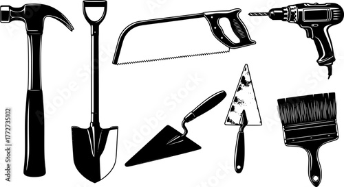 Construction tools. Building repair hand tools, renovation kit, hammer, saw, drill and shovel. Home repair tool vector illustration icons set. Repair tool, hammer and trowel, paintbrush and saw