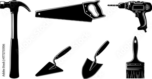 Construction tools. Building repair hand tools, renovation kit, hammer, saw, drill and shovel. Home repair tool vector illustration icons set. Repair tool, hammer and trowel, paintbrush and saw